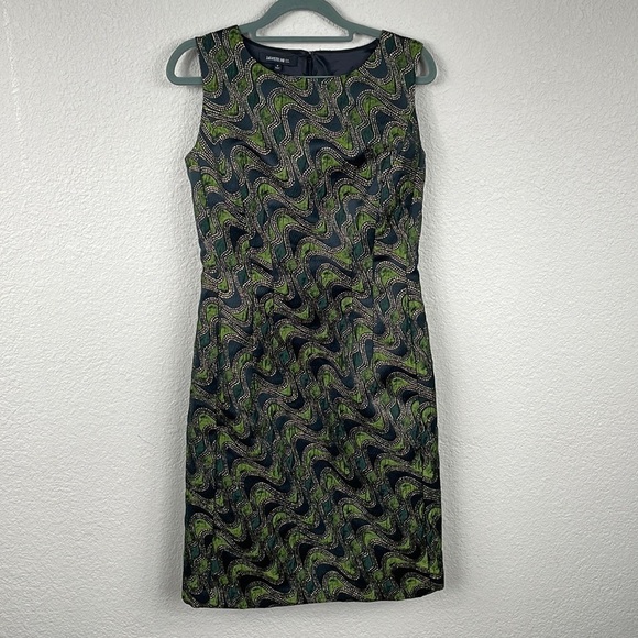 Lafayette 148 Metallic Shimmer Wave Shift Dress Green Black Gold Retro Mod Sz 2 - Picture 3 of 10